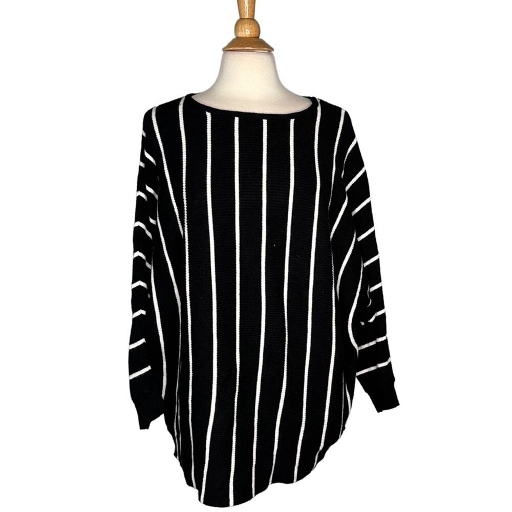Philosophy Black White Vertical Stripes Rib Batwing Sleeve Slouchy Sweater ST11